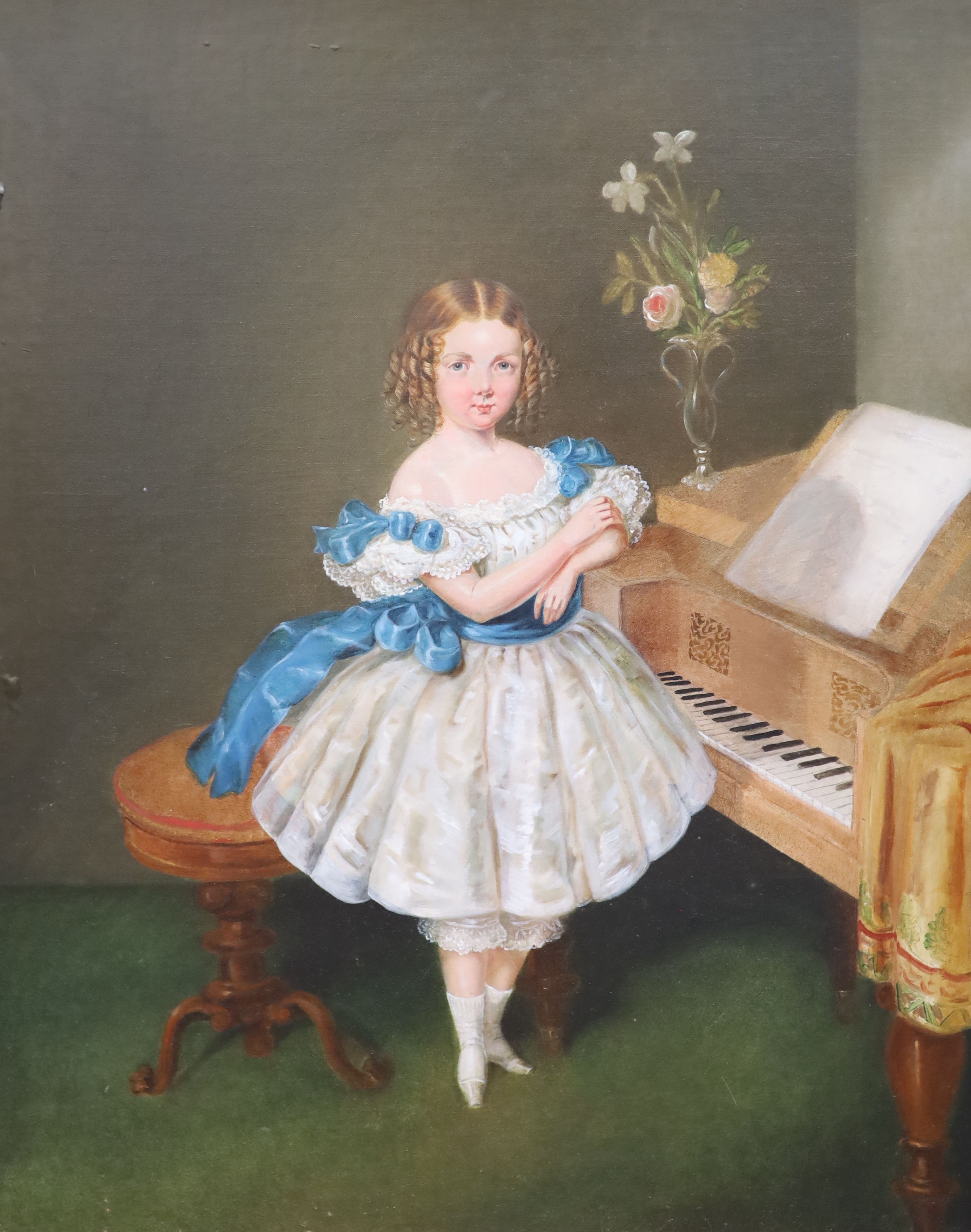 Mid 19th century Continental School Full length portrait of a girl wearing a blue and white dress standing before a piano forte 29.5 x